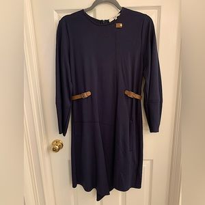 Tibi navy asymmetrical dress with faux leather trim